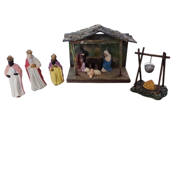 Putz, German Other - Vintage German Putz Paper Mache Nativity Set Mary Joseph Jesus Men Lamb Kettle